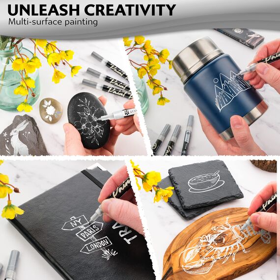 Stylo 4 Stück Metallic Marker Stifte Set – Silber, permanente Acrylmarker, Stift für Glas, Keramik, Steinmalerei, Kunsthandwerk für Erwachsene