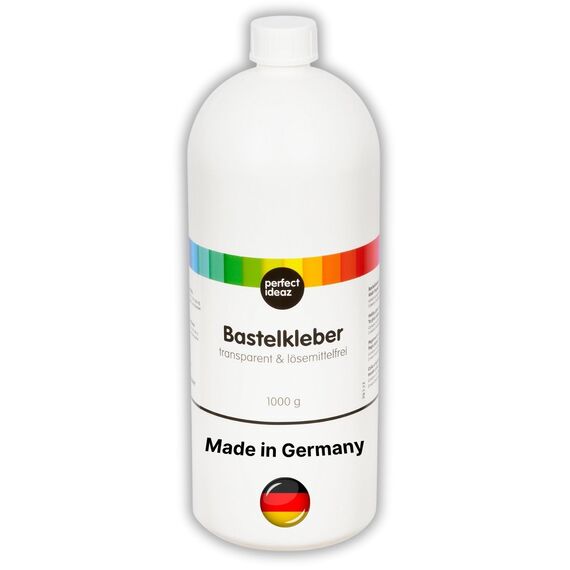 perfect ideaz – Bastelkleber 1.000 ml - transparent & lösungsmittelfrei - starker PVA Flüssigkleber für Papier, Pappe, Stoff, Filz - auswaschbar, ungiftig, Made in Germany