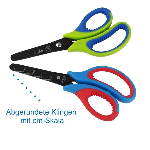 Läufer 87221 Ergonomische Bastelschere für Kinder | Schule ab 1. Klasse, grün/blau, für Rechtshänder, runde Spitze