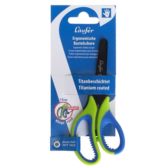 Läufer 87221 Ergonomische Bastelschere für Kinder | Schule ab 1. Klasse, grün/blau, für Rechtshänder, runde Spitze