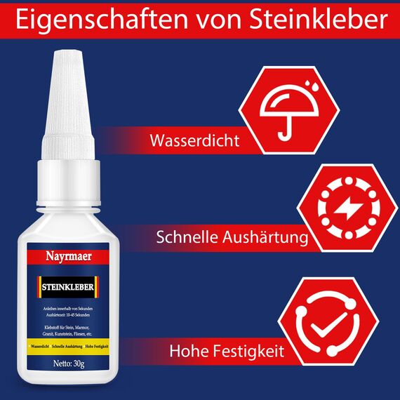 Steinkleber, 30g Klare Wasserdichte Marmor Kleber Zwischen Stein und Anderen Materialien, Super Bastelkleber für Stein, Marmor, Granit, Kunststein etc.