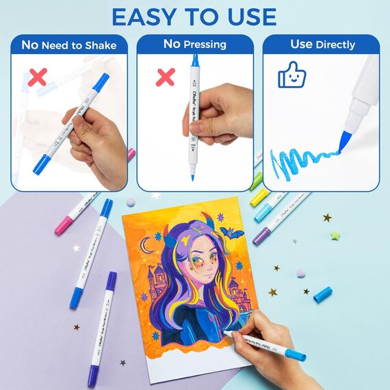 Ohuhu Acrylstifte, 72 Farben Acrylic Marker mit zwei Spitzen (Fein und Punkt) - Wasserfest, Lichtechte, hoher Deckkraft Acrylstifte Set für Steine Bemalen, Ostereier, Holz, Glas, Keramik, Leinwand