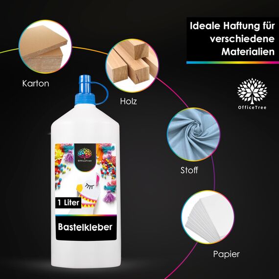 OfficeTree 1 Liter Flüssigkleber Bastelkleber Lösungsmittelfrei - Bastelleim Kleber für Kinder geeignet - Transparent Trocknend für Große und Kleine Projekte - Bastelkleber Kinder - Kleber Basteln