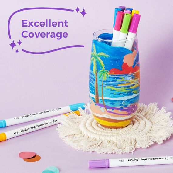 Ohuhu Acrylstifte, 72 Farben Acrylic Marker mit zwei Spitzen (Pinsel und Punkt) - Wasserfest, Lichtechte, hoher Deckkraft Acrylstifte Set für Steine Bemalen, Ostereier, Holz, Glas, Keramik, Leinwand