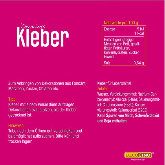 Decocino Essbarer Kleber – für Torten-Deko, Kuchen-Deko – CMC-Kleber, Lebensmittel-Kleber – zum Kleben auf Fondant, Torten und anderen Speisen