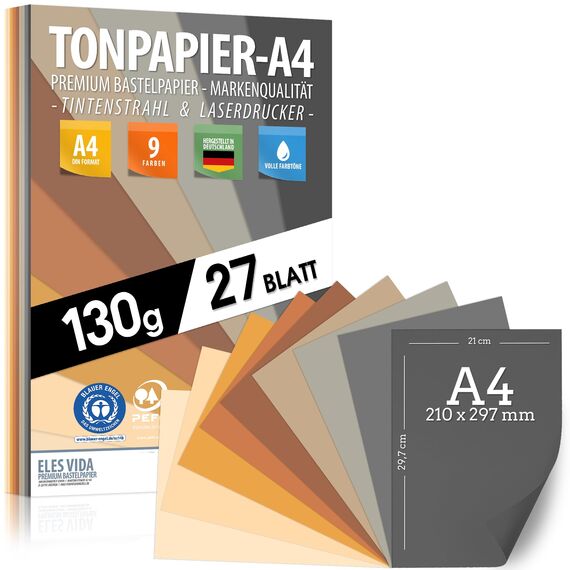 Ton-Papier 27 Blatt Druckerpapier A4 130g Natur, Gelb, Sonne, Sand, Braun, Ocker - PREMIUM - Unbedruckt für Postkarten, Briefe, BLAUER ENGEL & PEFC zertifiziert - MADE IN GERMANY