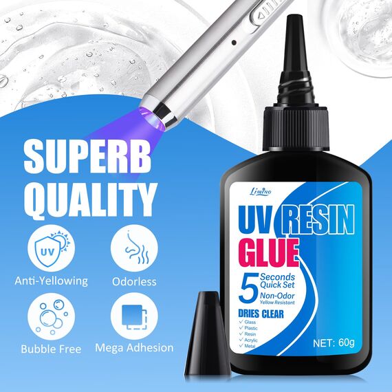 UV Harz mit Lampe - 60g UV Kleber mit Wiederaufladbarer UV Taschenlampe, 5 Sekunden Schnellhärtung, Schnelles Kleben & Schweißen UV Klebstoff, Ideal zur Reparatur von Schmuck, Glas, Harz, Kunststoff