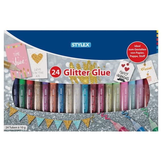Stylex 23384 - Glitter Glue im farbenfrohen Set mit 24 Tuben á 10 g, lösungsmittelfrei und auswaschbar, Klebstoff mit tollen Glitzerpartikeln zum kreativen Basteln und Gestalten