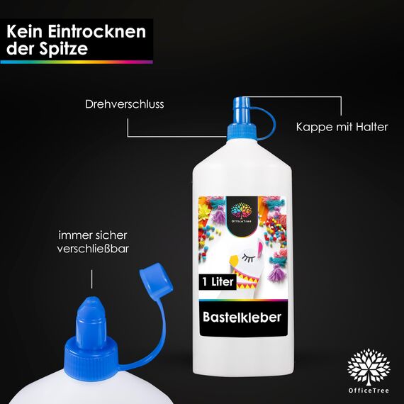 OfficeTree 1 Liter Flüssigkleber Bastelkleber Lösungsmittelfrei - Bastelleim Kleber für Kinder geeignet - Transparent Trocknend für Große und Kleine Projekte - Bastelkleber Kinder - Kleber Basteln