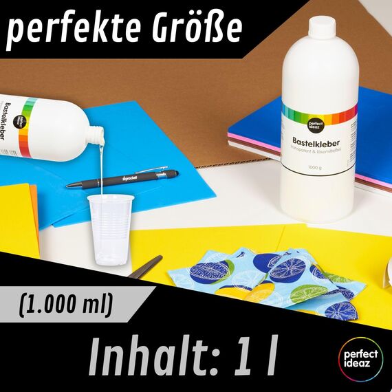 perfect ideaz – Bastelkleber 1.000 ml - transparent & lösungsmittelfrei - starker PVA Flüssigkleber für Papier, Pappe, Stoff, Filz - auswaschbar, ungiftig, Made in Germany