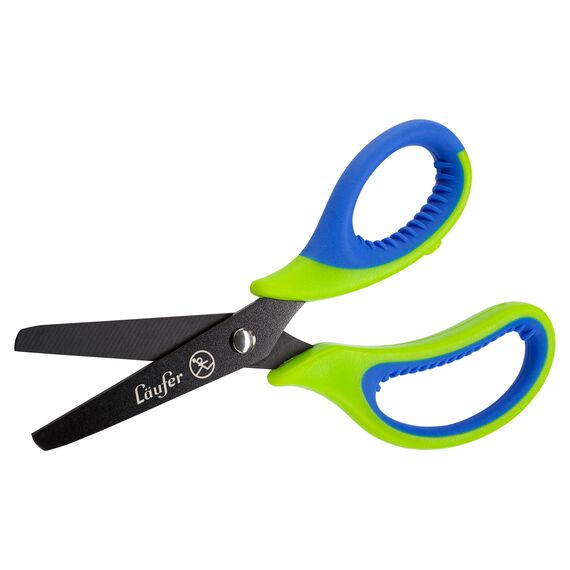 Läufer 87221 Ergonomische Bastelschere für Kinder | Schule ab 1. Klasse, grün/blau, für Rechtshänder, runde Spitze
