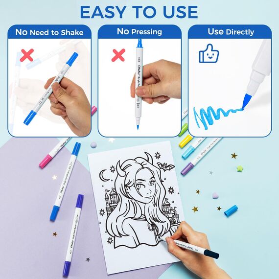 Ohuhu Acrylstifte, 72 Farben Acrylic Marker mit zwei Spitzen (Pinsel und Feine) - Wasserfest, Lichtechte, hoher Deckkraft Acrylstifte Set für Steine Bemalen, Ostereier, Holz, Glas, Keramik, Leinwand