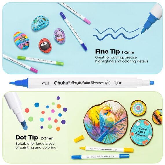 Ohuhu Acrylstifte, 36 Farben Acrylic Marker mit zwei Spitzen (Fein und Punkt) - Wasserfest, Lichtechte, hoher Deckkraft Acrylstifte Set für Steine Bemalen, Ostereier, Holz, Glas, Keramik, Leinwand
