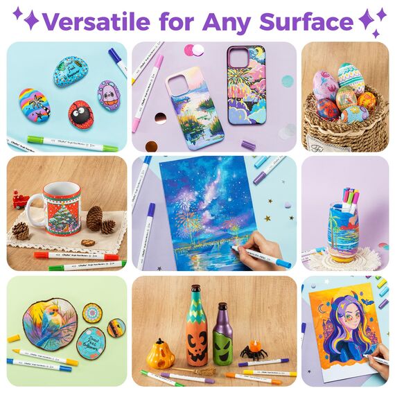 Ohuhu Acrylstifte, 36 Farben Acrylic Marker mit zwei Spitzen (Fein und Punkt) - Wasserfest, Lichtechte, hoher Deckkraft Acrylstifte Set für Steine Bemalen, Ostereier, Holz, Glas, Keramik, Leinwand