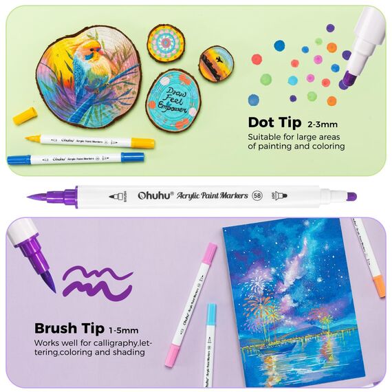 Ohuhu Acrylstifte, 72 Farben Acrylic Marker mit zwei Spitzen (Pinsel und Punkt) - Wasserfest, Lichtechte, hoher Deckkraft Acrylstifte Set für Steine Bemalen, Ostereier, Holz, Glas, Keramik, Leinwand