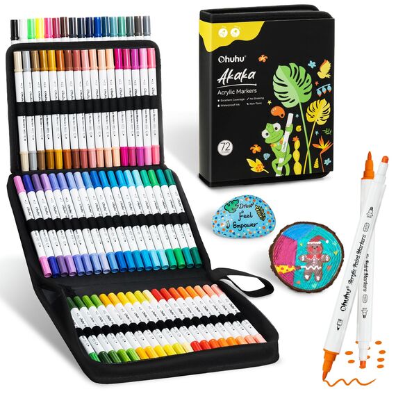 Ohuhu Acrylstifte, 72 Farben Acrylic Marker mit zwei Spitzen (Fein und Punkt) - Wasserfest, Lichtechte, hoher Deckkraft Acrylstifte Set für Steine Bemalen, Ostereier, Holz, Glas, Keramik, Leinwand