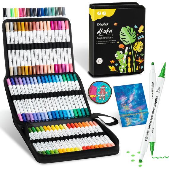 Ohuhu Acrylstifte, 72 Farben Acrylic Marker mit zwei Spitzen (Pinsel und Punkt) - Wasserfest, Lichtechte, hoher Deckkraft Acrylstifte Set für Steine Bemalen, Ostereier, Holz, Glas, Keramik, Leinwand