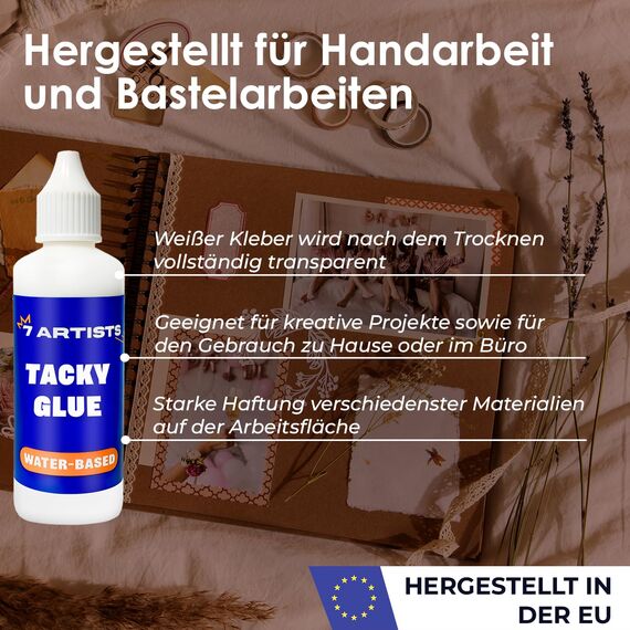7 Artists Tacky Glue – Kleber Flüssig Transparent 80 ml | Starker Bastelkleber für Papier, Holz & Mehr | Vielseitiger Flüssig Kleber zum Basteln & DIY | SchnellTrocknend & Wasserfest