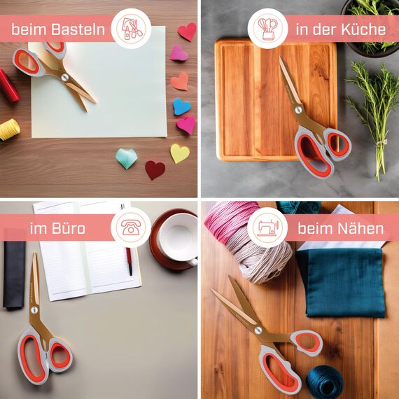 Scheren Set 4-teilig, kupferro, titanbeschichtet – 23,5/20,5/17,5/13,5 cm – Premium Haushaltsschere & Stoffschere, Profi Schneiderschere, Nähzubehör & Bastelschere