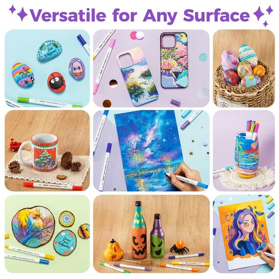 Ohuhu Acrylstifte, 72 Farben Acrylic Marker mit zwei Spitzen (Pinsel und Punkt) - Wasserfest, Lichtechte, hoher Deckkraft Acrylstifte Set für Steine Bemalen, Ostereier, Holz, Glas, Keramik, Leinwand