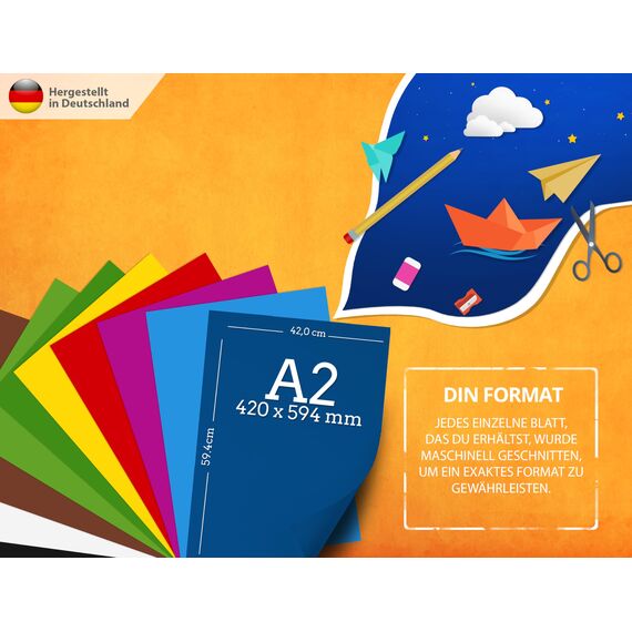 50 Blatt BUNTES PAPIER DIN A2-130g/m² Tonpapier Set 10 Farben - Bastelpapier & Farbige Blätter Pappe, Kinder & DIY, Zubehör zum Basteln, Fotoalbum BLAUER ENGEL & PEFC zertifiziert - MADE IN GERMANY