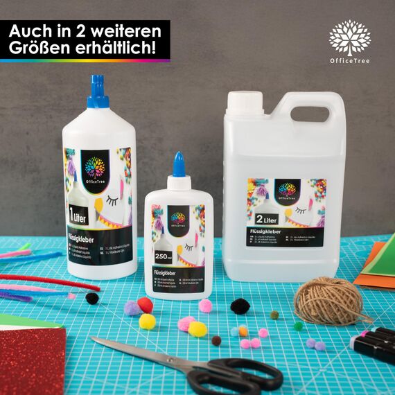 OfficeTree 1 Liter Flüssigkleber Bastelkleber Lösungsmittelfrei - Bastelleim Kleber für Kinder geeignet - Transparent Trocknend für Große und Kleine Projekte - Bastelkleber Kinder - Kleber Basteln