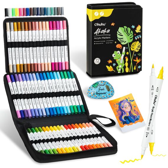 Ohuhu Acrylstifte, 72 Farben Acrylic Marker mit zwei Spitzen (Pinsel und Feine) - Wasserfest, Lichtechte, hoher Deckkraft Acrylstifte Set für Steine Bemalen, Ostereier, Holz, Glas, Keramik, Leinwand