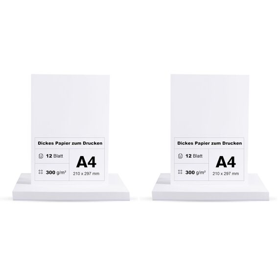 Fotokarton A4 300g/m² Weiß Papier 12 Blatt Premium Papier Dickes zum Drucken Kartonpapier Tonkarton Pappe (Packung mit 2)