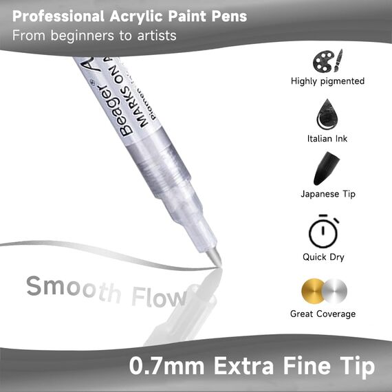 Beager Gold Silber Acrylstifte, 0,7mm Permanent Marker Stifte Wasserfest Lackstift Acrylfarben Stifte Steine Bemalen Stifte für Holz Leinwand Keramik Metall Papier Glas Stoffe Kunststoff 4Pcs
