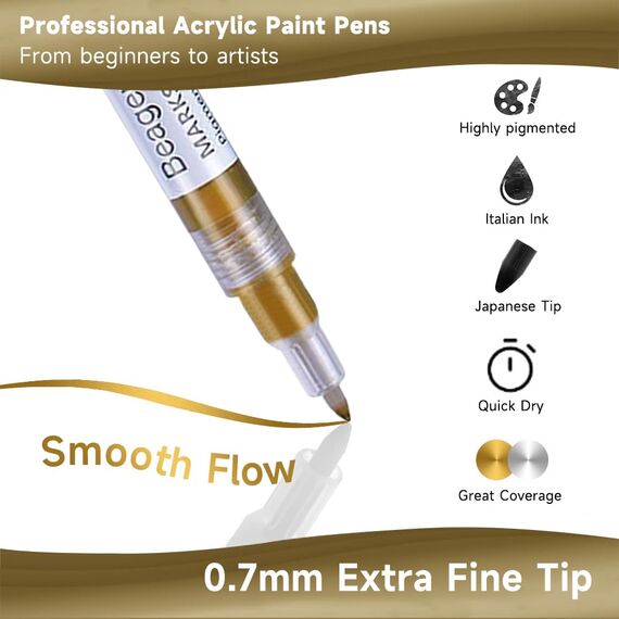 Beager 2Pcs Gold Acrylstifte für Steine, 0,7mm Permanent Marker Stifte Wasserfest Lackstift Acrylfarben Stifte Steine Bemalen Stifte für Holz Leinwand Keramik Metall Papier Glas Kunststoff