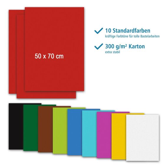 itenga Fotokarton 10 Blatt 50 x 70 cm 300 g/qm - Tonpapier Tonkarton Druckerpapier Bastelpapier Bogen durchgefärbt zum kreativen Gestalten und Basteln (farbig sortiert 10 Farben)