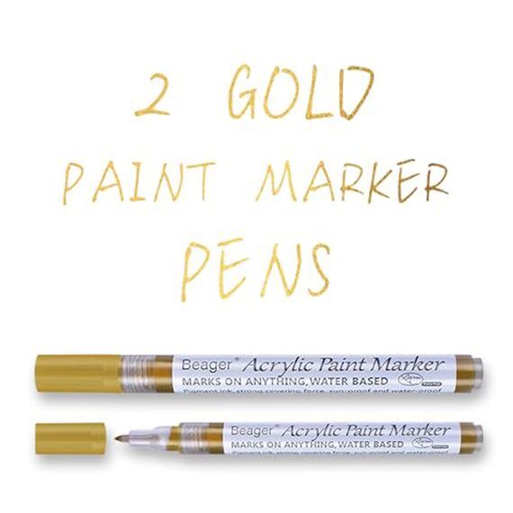 Beager 2Pcs Gold Acrylstifte für Steine, 0,7mm Permanent Marker Stifte Wasserfest Lackstift Acrylfarben Stifte Steine Bemalen Stifte für Holz Leinwand Keramik Metall Papier Glas Kunststoff