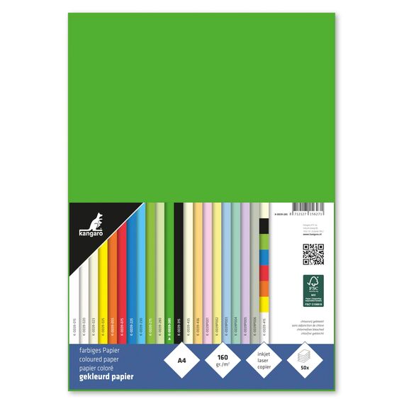 Kangaro - Tonpapier Hell Grun DIN A4-160g/m² FSC mix – 50 pack - Briefpapier Bastelpapier DIY, Hellgrun, Hellgrün