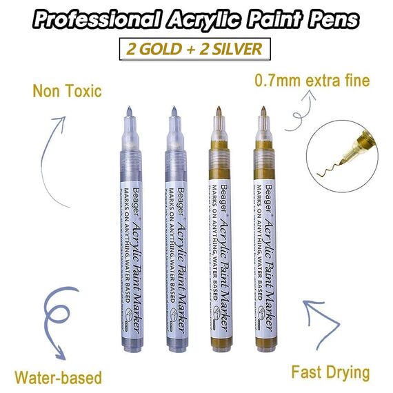 Beager Gold Silber Acrylstifte, 0,7mm Permanent Marker Stifte Wasserfest Lackstift Acrylfarben Stifte Steine Bemalen Stifte für Holz Leinwand Keramik Metall Papier Glas Stoffe Kunststoff 4Pcs