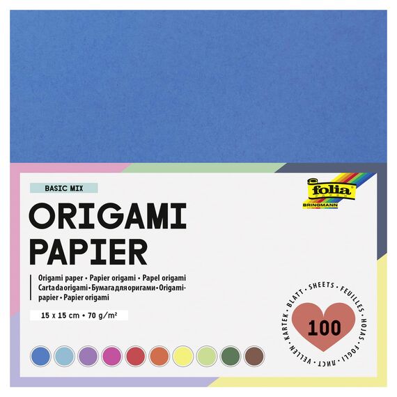 folia 8915 - Faltblätter 15 x 15 cm, 70 g/qm, 100 Blatt sortiert in 10 intensiven Farben - ideal zum Papierfalten und für andere kreative Bastelarbeiten