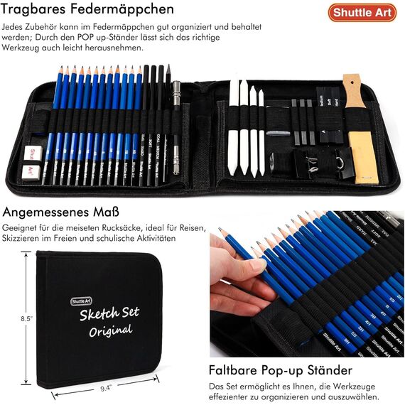 Shuttle Art Zeichenset, 37 teiliges professionelles Zeichenstifte Set mit Zeichenblock, Federmappe, Graphitstift, Kohlestift, Zeichenkohle und komplettem zeichnen Zubehör für Erwachsene und Kinder