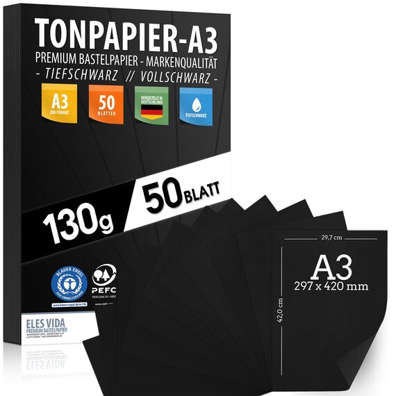 50 Blatt Tonpapier PROFI Tonzeichenpapier DIN A3-130g/m² Tiefschwarz - Festes Papier für DIY, Hobby, Schule, Uni, Zeichnen, Bastel Zubehör für Malen, Kreide und Geschenke MADE IN DEUTSCHLAND