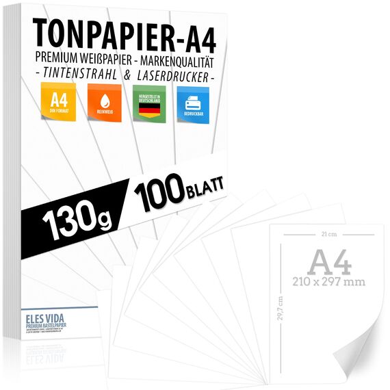 100 BLATT weißes Tonzeichenpapier 130g/m² - PREMIUM PAPIER Reinweiß - DIN A4-21 x 29,7 cm - Druckerpapier Weiss unbedruckt für Fotografie, Präsentationen, Basteln, FOTOKARTON, Karton - MADE IN GERMANY