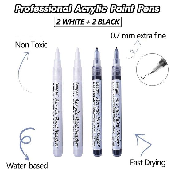 Beager Schwarz Weiß Acrylstifte für Steine, 0,7mm Permanent Marker Stifte Lackstift Wasserfest Acrylfarben Stifte Steinmalerei Stifte für Holz Leinwand Keramik Metall Papier Glas Kunststoff 4 Pcs