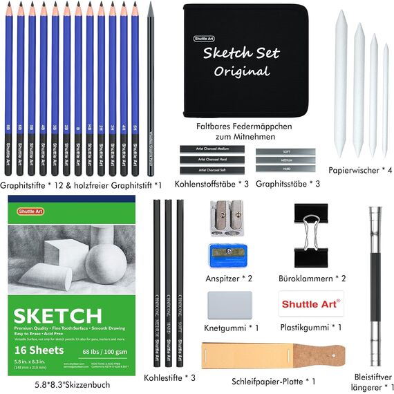 Shuttle Art Zeichenset, 37 teiliges professionelles Zeichenstifte Set mit Zeichenblock, Federmappe, Graphitstift, Kohlestift, Zeichenkohle und komplettem zeichnen Zubehör für Erwachsene und Kinder