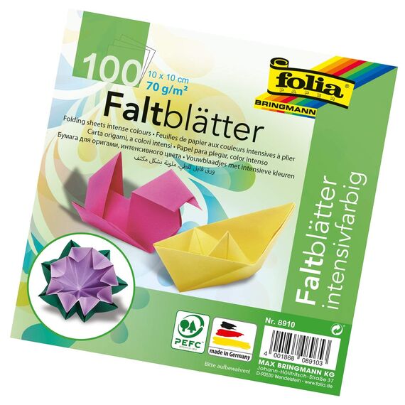 folia 8910 - Faltblätter 10 x 10 cm, 70 g/qm, 100 Blatt sortiert in 10 intensiven Farben - ideal zum Papierfalten und für andere kreative Bastelarbeiten