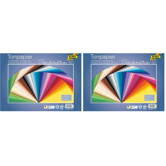 folia 6725/50 99 - Tonpapier Mix, 25 x 35 cm, 130 g/qm, 50 Blatt sortiert in 50 Farben - ideale Grundlage für vielseitige Bastelarbeiten (Packung mit 2)