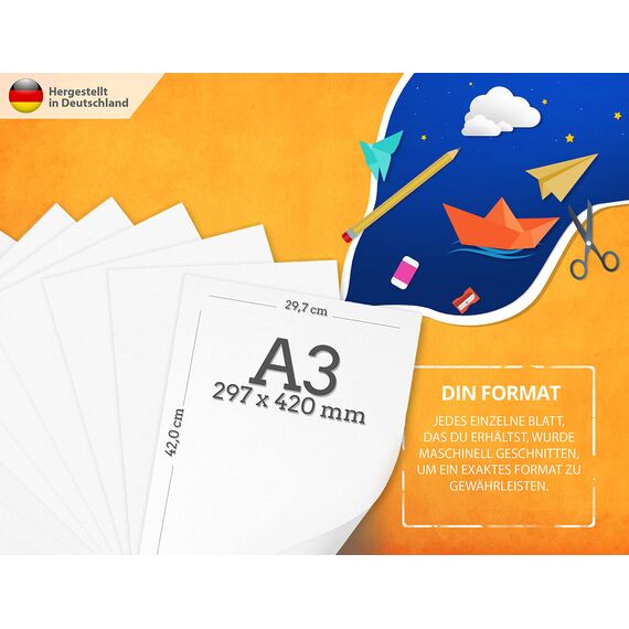 Tonzeichenpapier A3 – 130g – 50 Blätter – Bastel Bogen - Stabiles Zeichenpapier, Pappe zum Basteln, Zeichenkarton - DIY - Kreativ Zubehör für Fotoalben Weiß