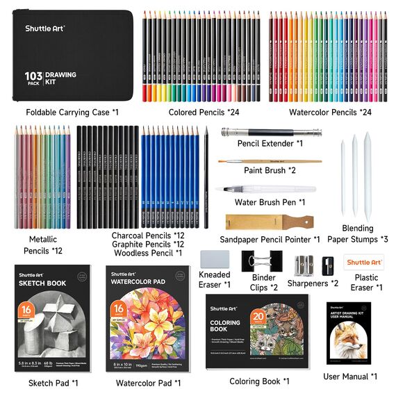 Shuttle Art 103 teiliges Zeichenset, Malset, Künstler Set, mit Buntstifte, Zeichenstifte, Aquarellstifte und Graphitstifte in einem Federmäppchen, für Kinder, Erwachsene zum Zeichnen geeignet