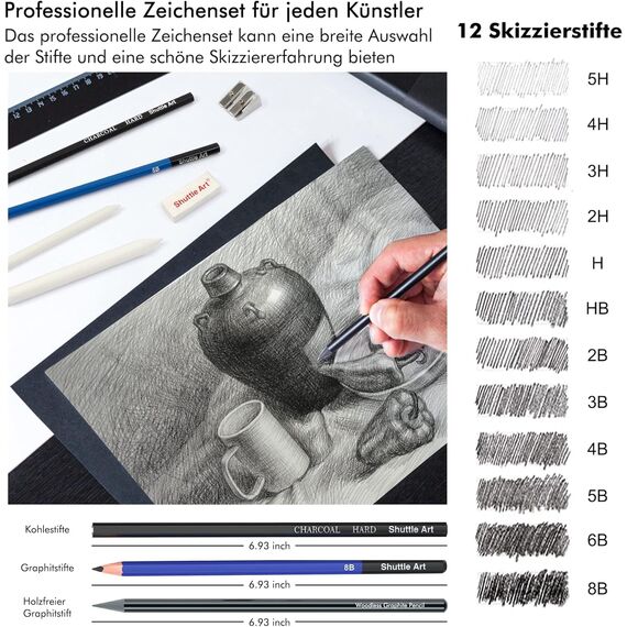 Shuttle Art Zeichenset, 37 teiliges professionelles Zeichenstifte Set mit Zeichenblock, Federmappe, Graphitstift, Kohlestift, Zeichenkohle und komplettem zeichnen Zubehör für Erwachsene und Kinder