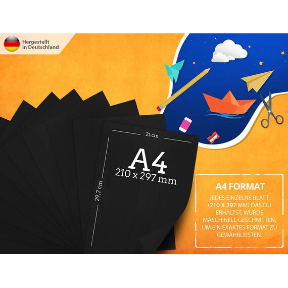 100 Stück Schwarz TONZEICHENpapier A4 – 130g stark – Schwarze Blätter – Bastel Bogen - Vollschwarz – Stabiles Zeichenpapier, Pappe zum Basteln, Zeichenkarton - DIY - Kreativ Zubehör für Fotoalben
