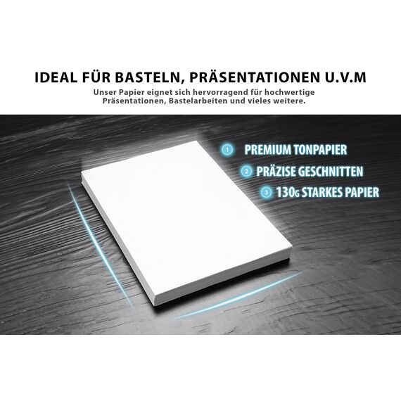 100 BLATT weißes Tonzeichenpapier 130g/m² - PREMIUM PAPIER Reinweiß - DIN A4-21 x 29,7 cm - Druckerpapier Weiss unbedruckt für Fotografie, Präsentationen, Basteln, FOTOKARTON, Karton - MADE IN GERMANY