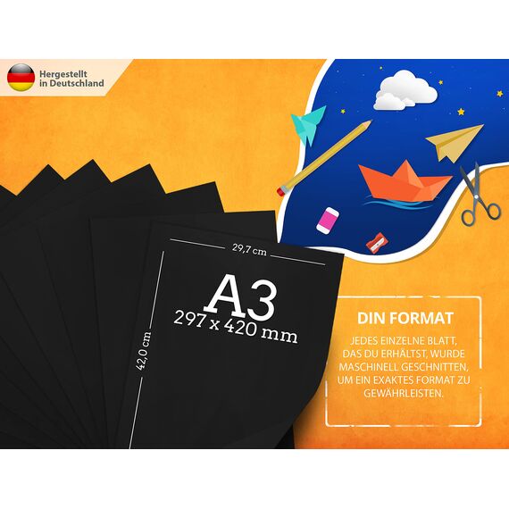 50 Blatt Tonpapier PROFI Tonzeichenpapier DIN A3-130g/m² Tiefschwarz - Festes Papier für DIY, Hobby, Schule, Uni, Zeichnen, Bastel Zubehör für Malen, Kreide und Geschenke MADE IN DEUTSCHLAND