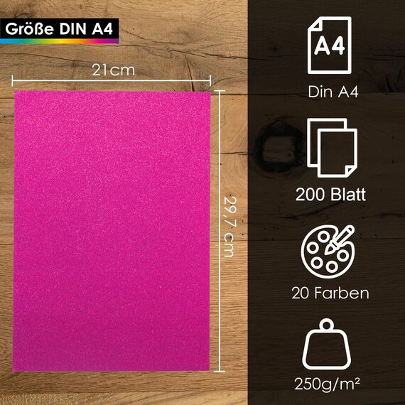 OfficeTree 200 x Glitzerpapier zum Basteln A4 – 20 Farben 250g/m² - Glitzer Papier A4 Bunt - Glitzer Bastelpapier - Glitzer Karton zum Basteln und Gestalten