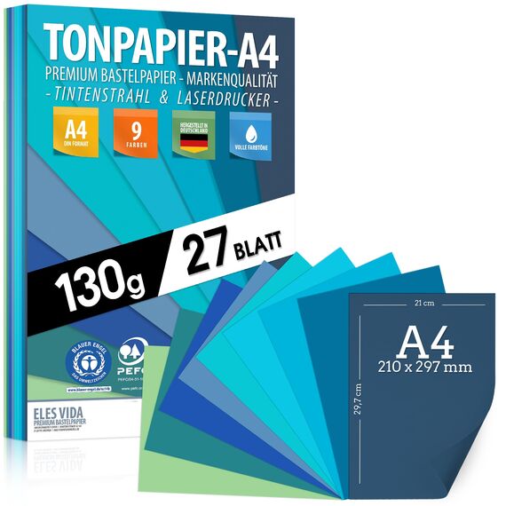 27 Blatt Tonzeichenpapier Blautöne - Wasserfarben - DIN A4-130g /m² Set 9 Farben – Stabiles Bastelpapier, Kinder, Marine Blau, Meer, Azur - Ozean - BLAUER ENGEL & PEFC zertifiziert - MADE IN GERMANY